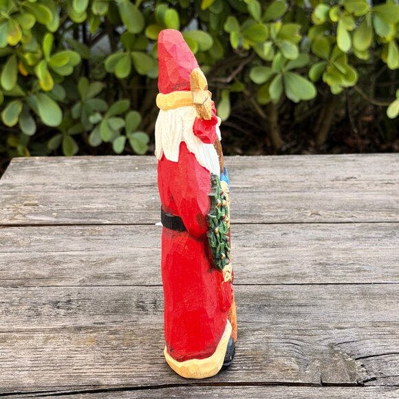 Vintage Primitive Folk Art SANTA Figure Resin Carved Wood Look Bunny Gift Sack - Picture 7 of 8